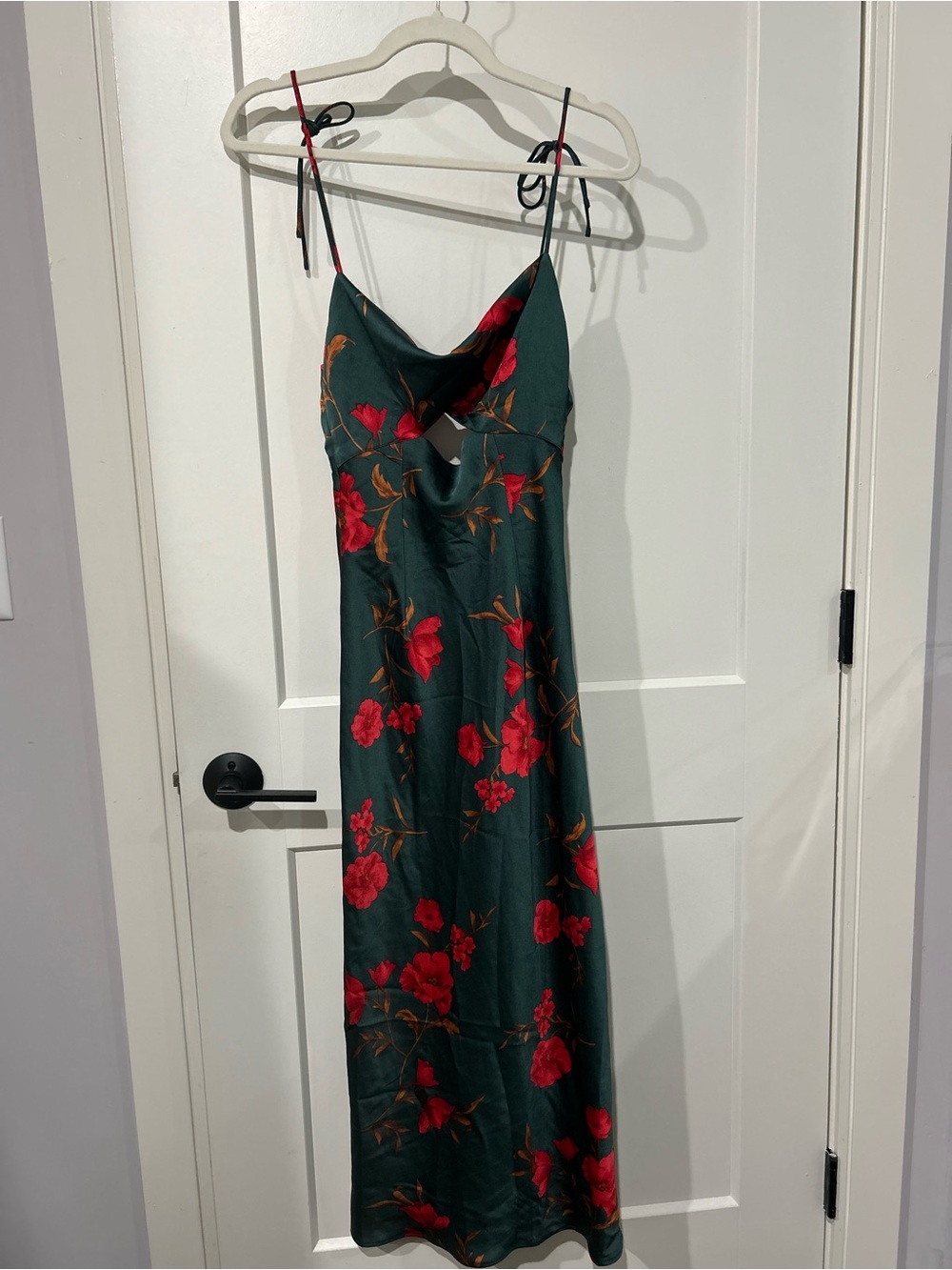 Hello Molly Emerald Maxi Slip Dress with Red Floral Print